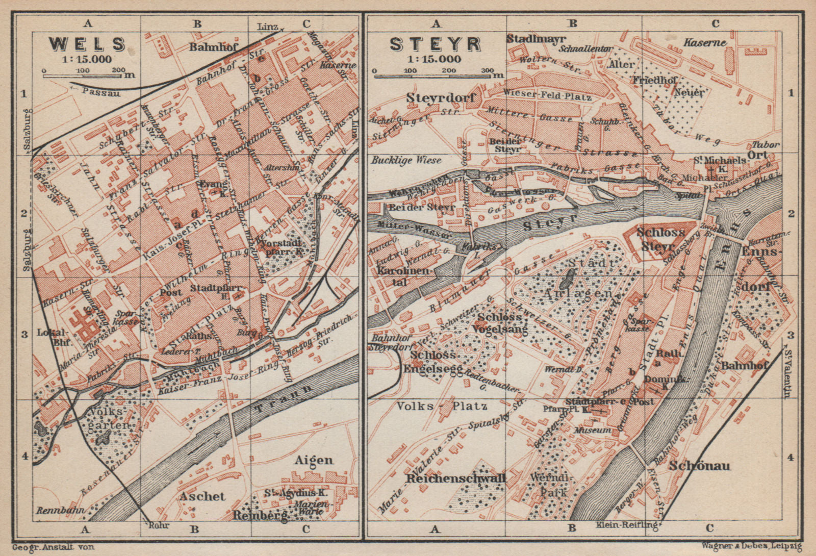WELS & STEYR town city plans stadtplan. Austria Österreich karte 1929 old map
